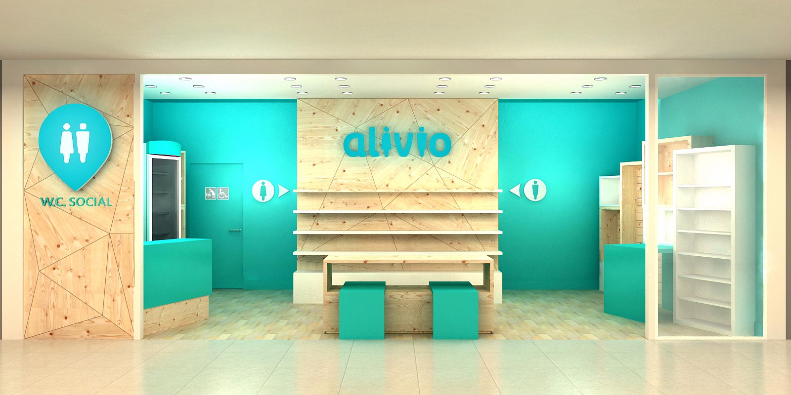 Fachada de Projeto de Loja de Conveniência e Banheiro Alivio.