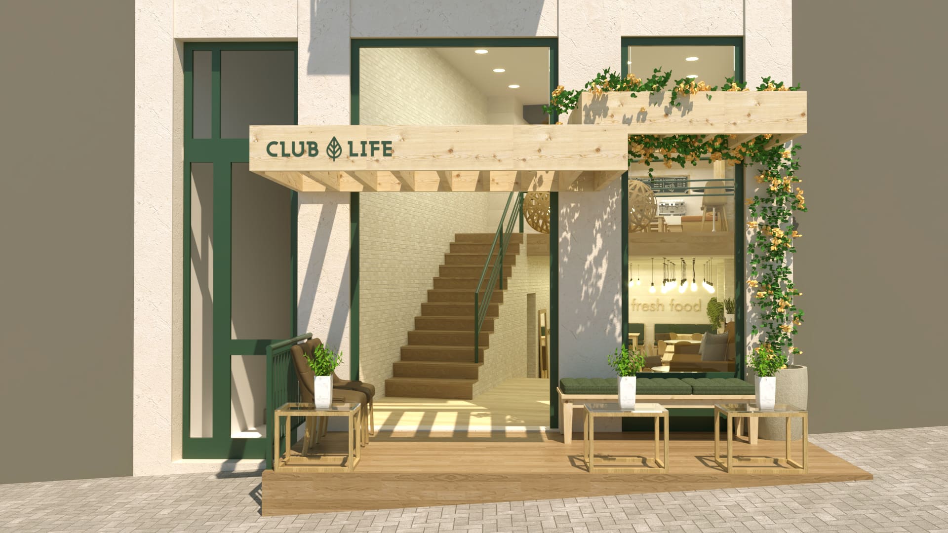 Fachada, arquitetura de restaurante e café, Club Life.