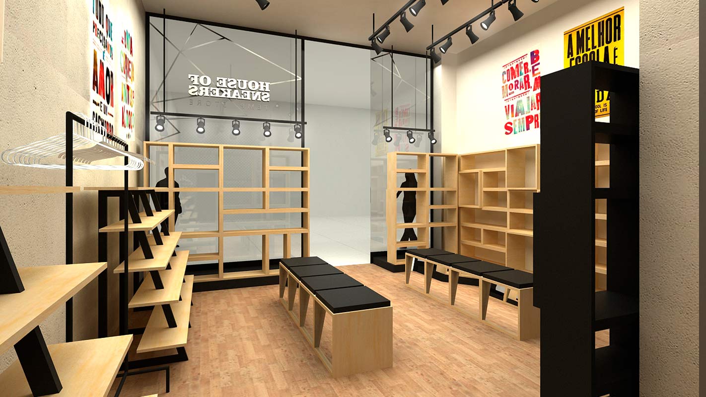 Arquitetura de interior de loja de tênis e acessórios, House of Sneakers.