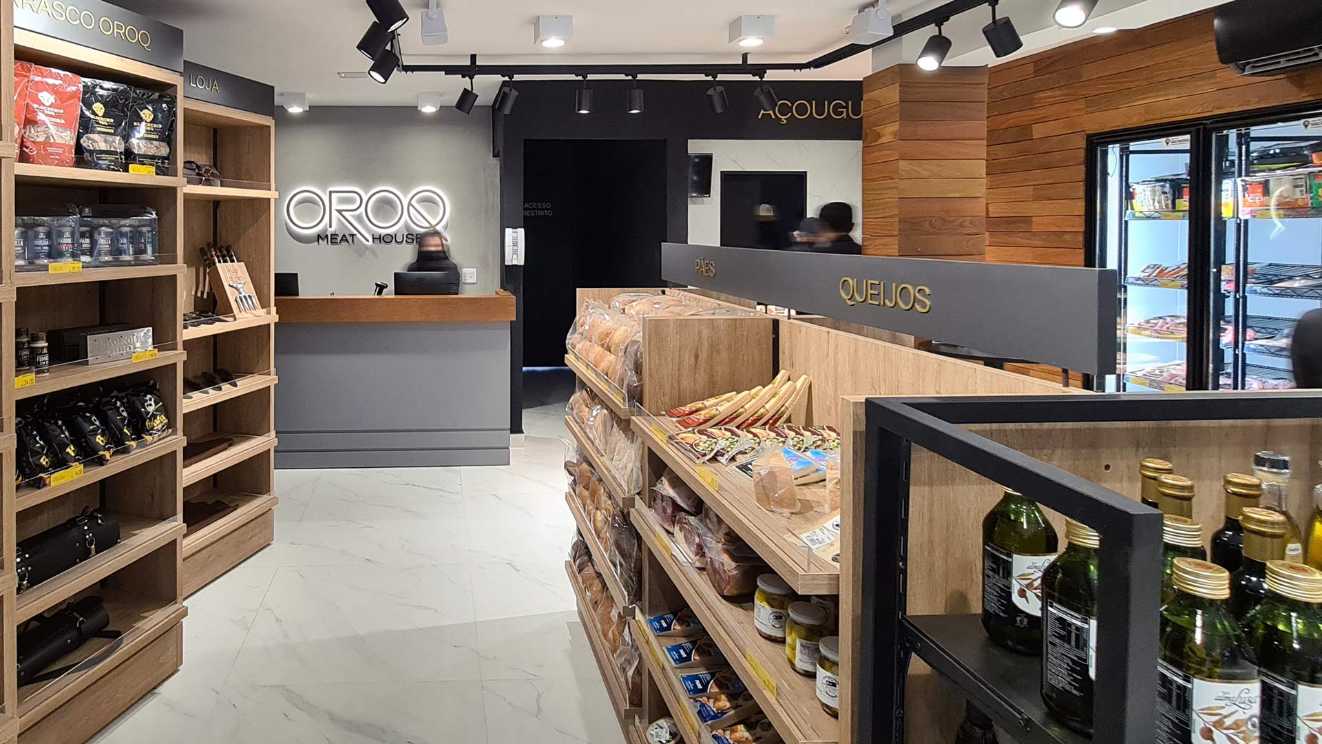 Arquitetura de interior de loja, casa de carnes, bebidas e conveniência, OROQ.