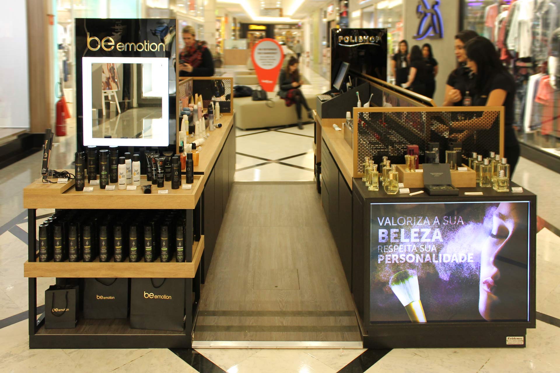 Projeto de loja, quiosque, de produtos de beleza, cabelo e maquiagem, Be Emotion, Polishop. 