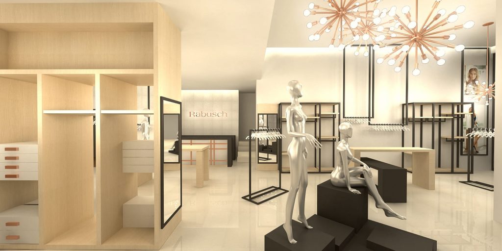Arquitetura de interior de loja de roupas e acessórios femininos para a marca de moda Rabush.