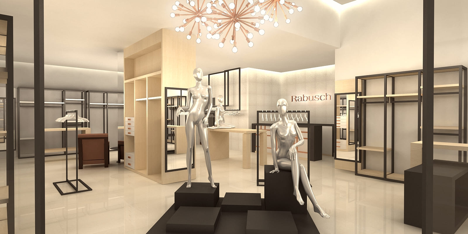 Arquitetura de interior de loja de roupas e acessórios femininos para a marca de moda Rabush.
