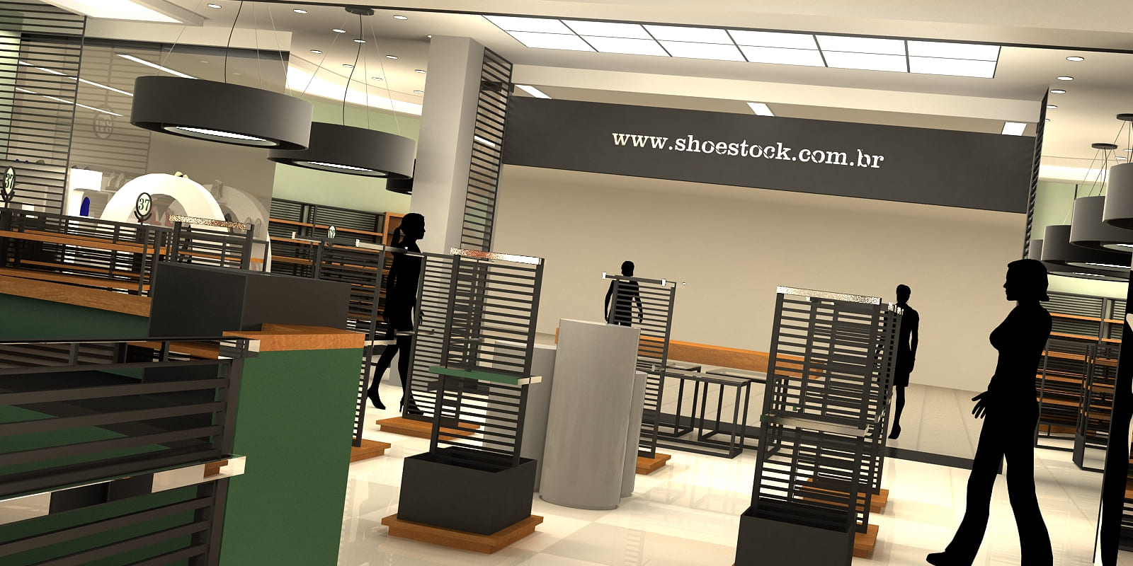 Arquitetura de interior de loja de sapatos femininos e acessórios, Shoestock.