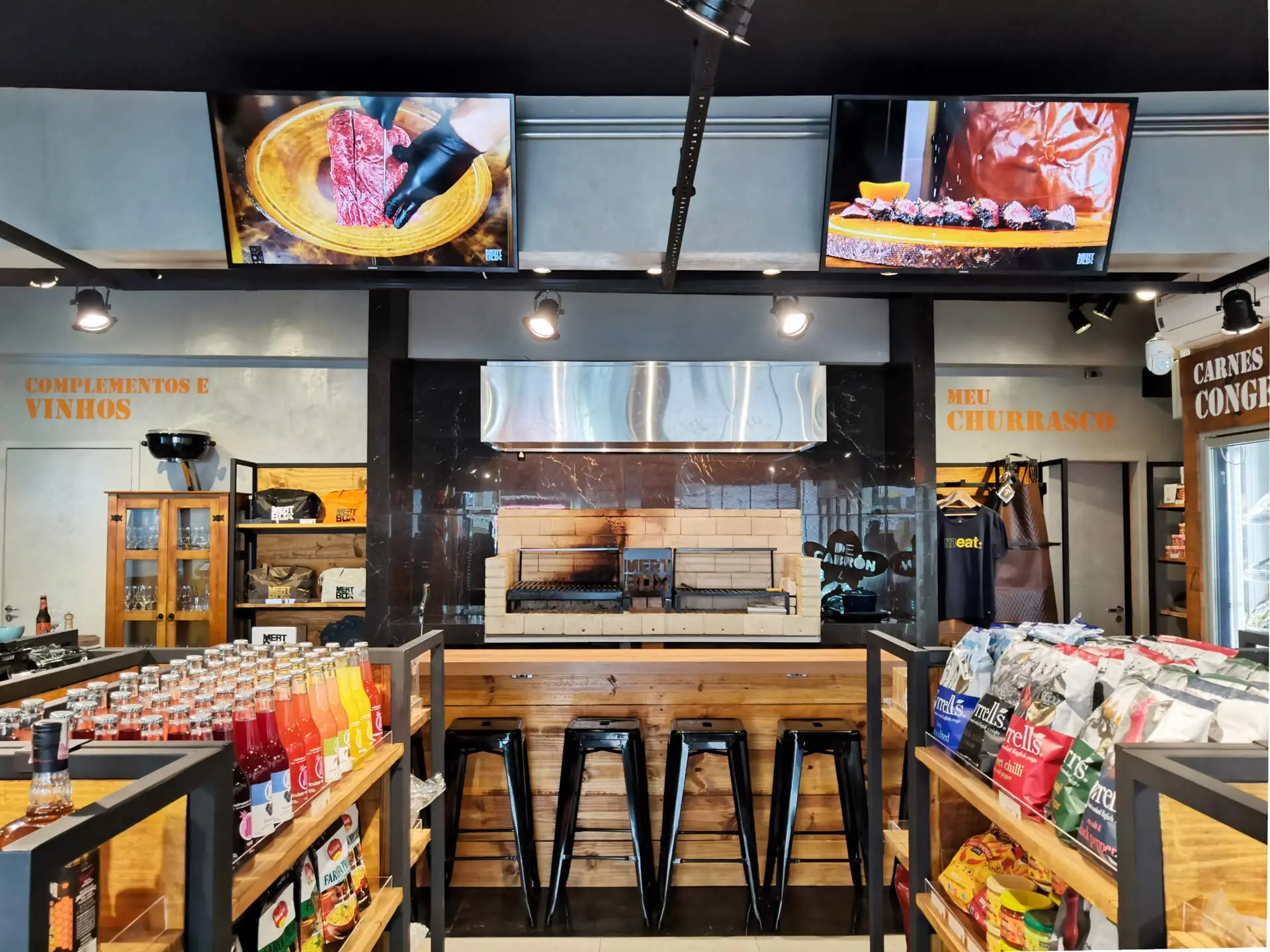 Arquitetura de interior de loja, casa de carnes, bebidas e conveniência, Meatbox.