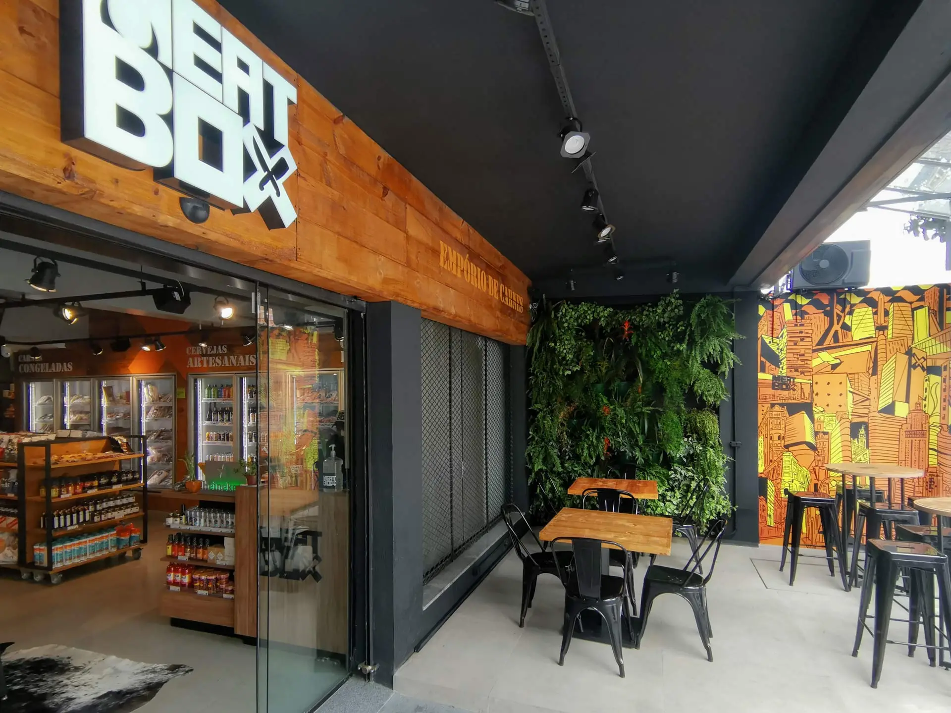 Fachada, arquitetura de loja, casa de carnes, bebidas e conveniência, Meatbox.