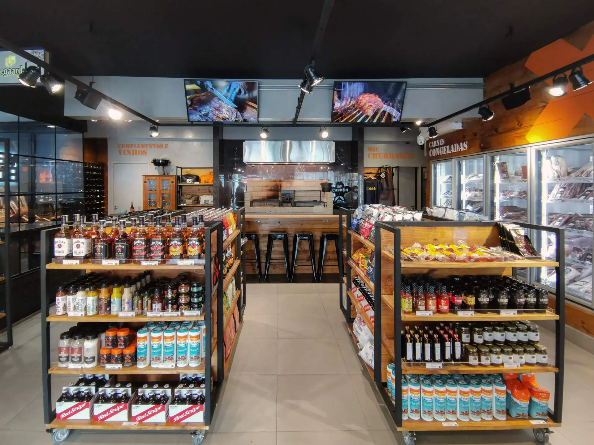 Arquitetura de interior de loja, casa de carnes, bebidas e conveniência, Meatbox.