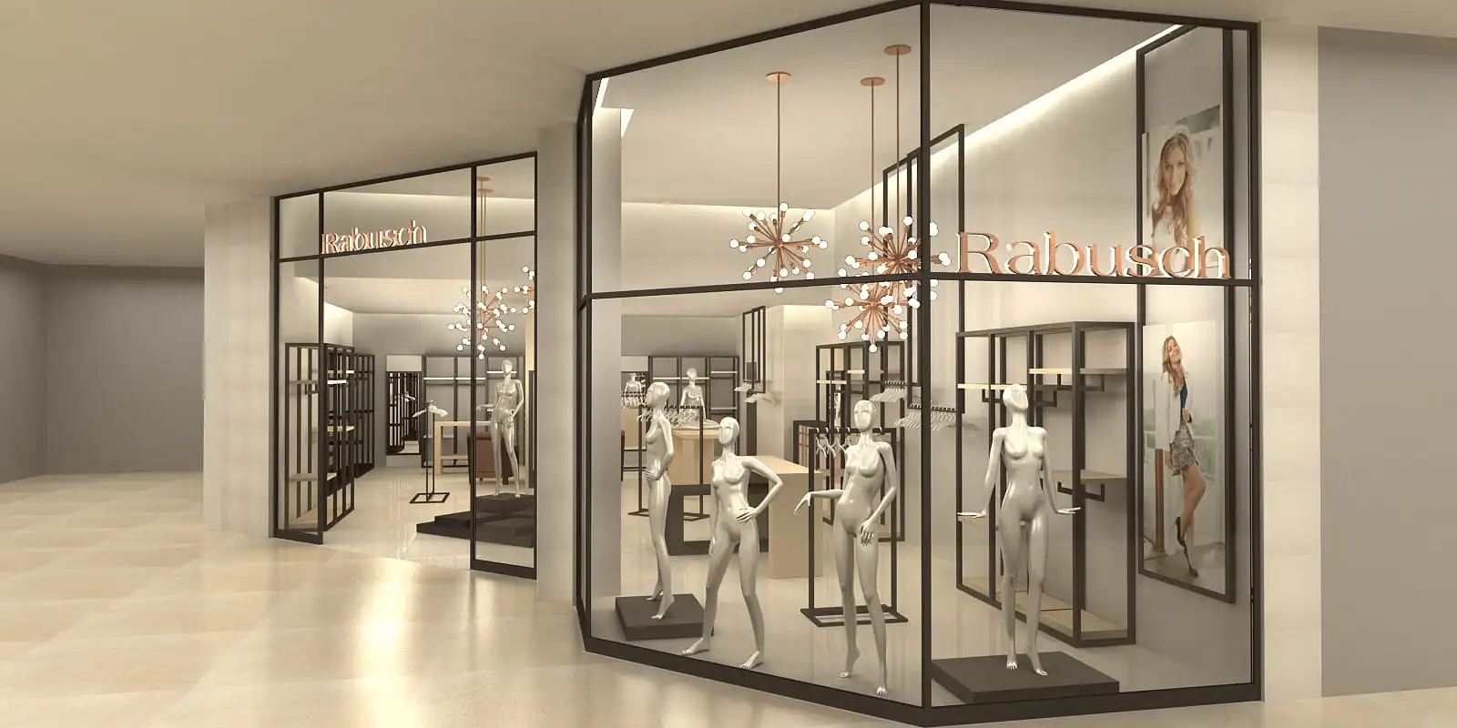 Fachada, arquitetura de loja de roupas e acessórios femininos para a marca de moda Rabush.