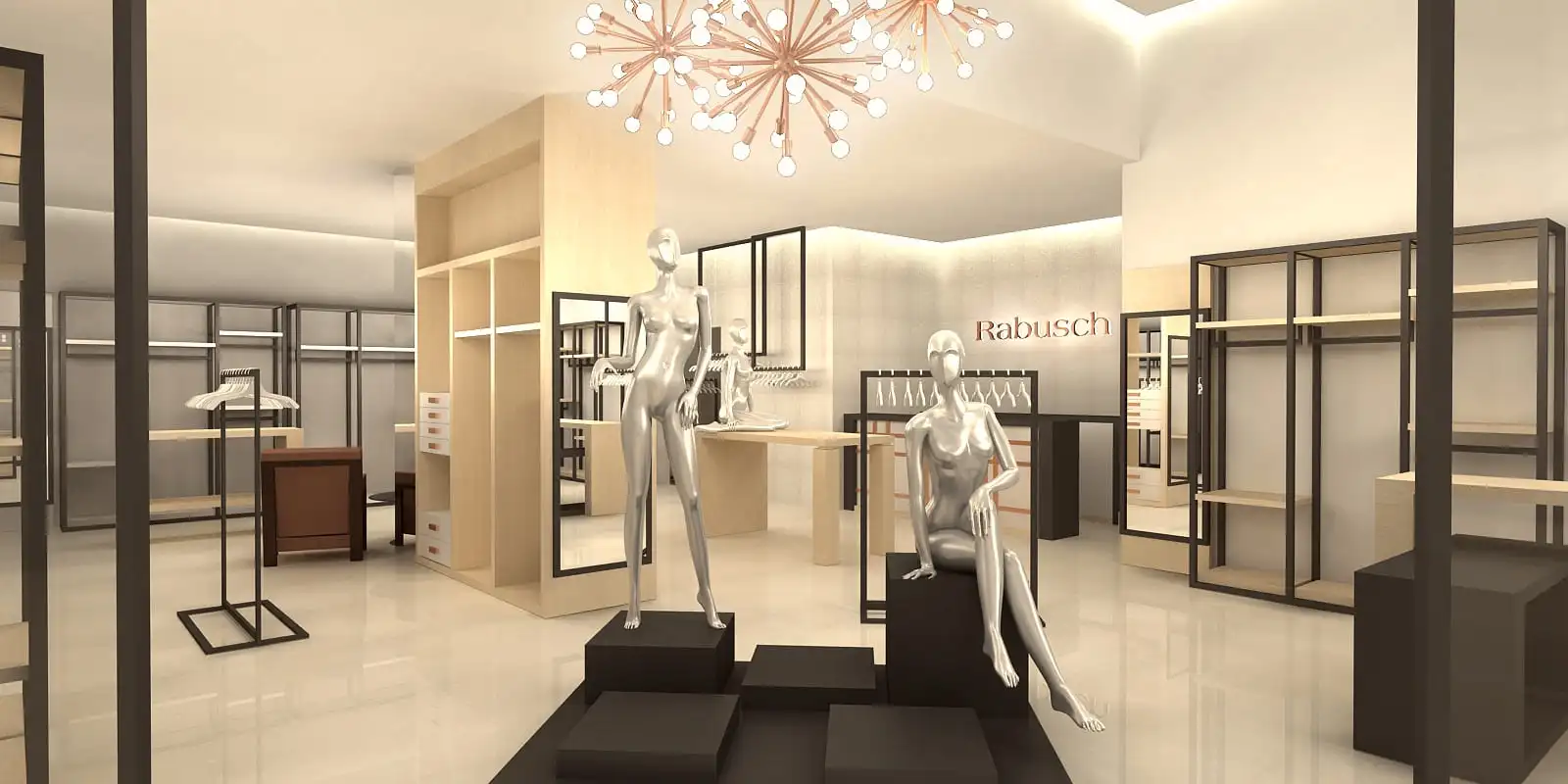 Arquitetura de interior de loja de roupas e acessórios femininos para a marca de moda Rabush.
