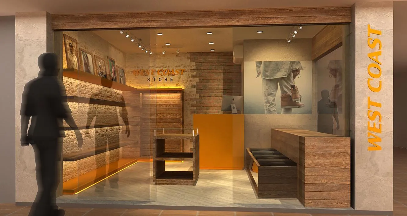 Fachada de loja de calçados e acessórios masculinos. West Coast.